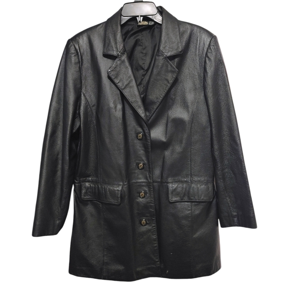 Newport News Black Button Front Genuine Leather Jacket Coat Women's Size Large L